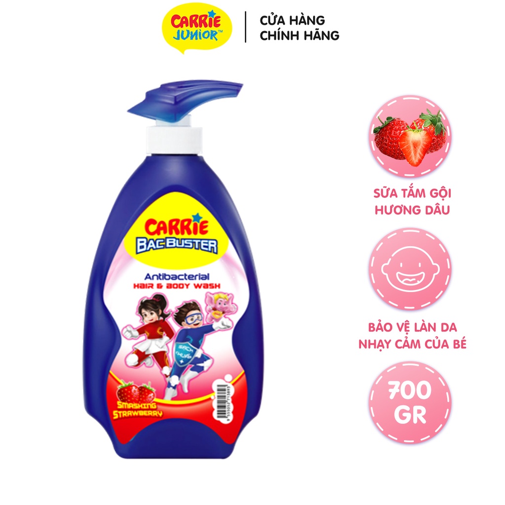 Combo 2 Sữa Tắm Gội cho bé Carrie Junior Hương Cherry+Bacbuster Hương Strawberry(700/chai)