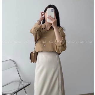 Set áo sơ mi dài tay phối chân váy xẻ tà vải đũi duyendell
