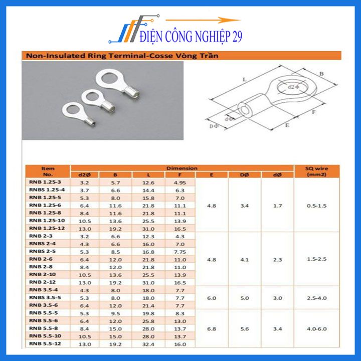 Đầu cos dây điện tròn trần RNB 1.25, đầu cốt bấm dây điện 1.5-2.5mm, cosse  đồng, đầu nối điện