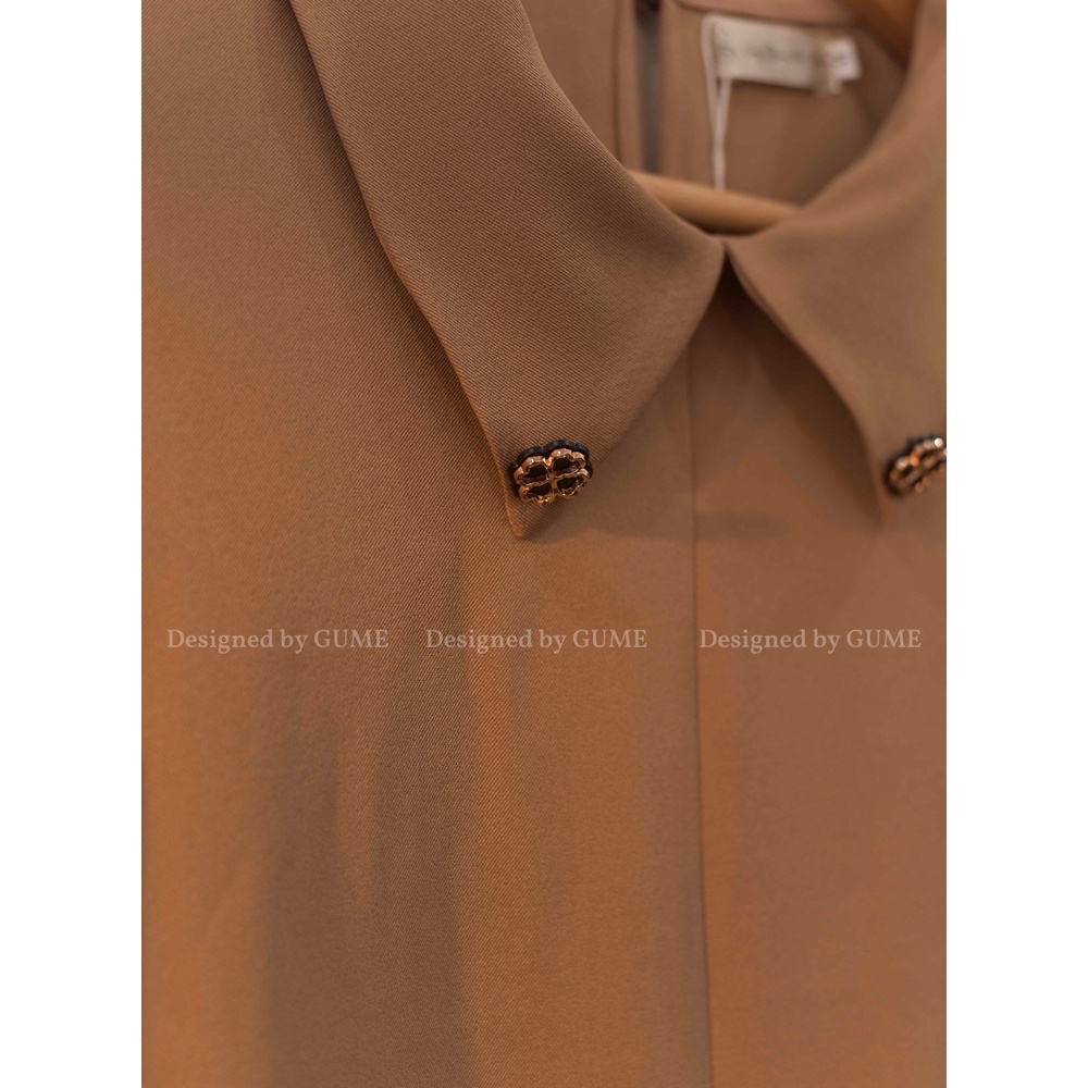 Váy bầu bigsize - Đầm bầu thiết kế GuMe màu NÂU CHÉO HÀN ĐUÔI CÁ XẾP LY họa tiết cúc lá cổ size 40-100kg GM001-ảnh thật