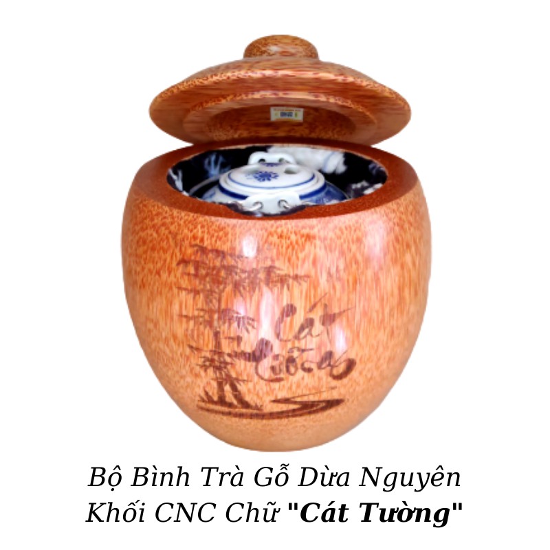 Bộ Bình Trà Gỗ Dừa Không Chân Hoa Văn "Chữ Nhẫn"; "Chữ Gia Đình"; "Chữ Cát Tường", "Chữ Tài Lộc" - Bình Trà 400 - 500ml