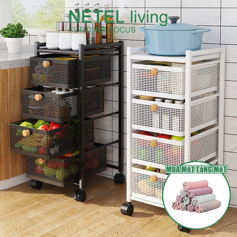 NETEL Kệ bếp Xe đẩy Tủ lưu trữ di động dụng cụ nhà bếp tủ đựng đồ Kệ để đồ 3 tầng giỏ rau có bánh xe