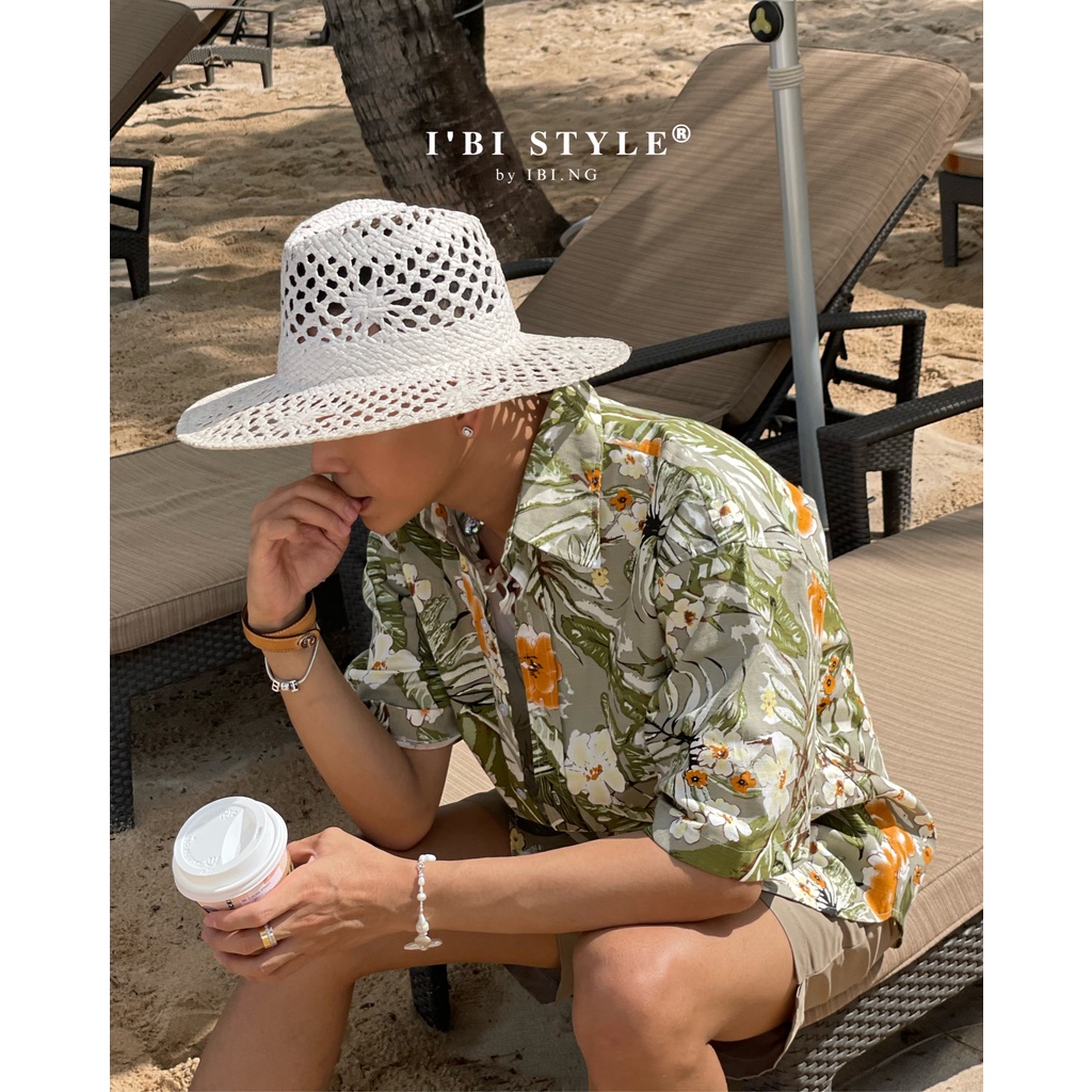 Áo sơ mi tay ngắn linen hoa xám/xanh