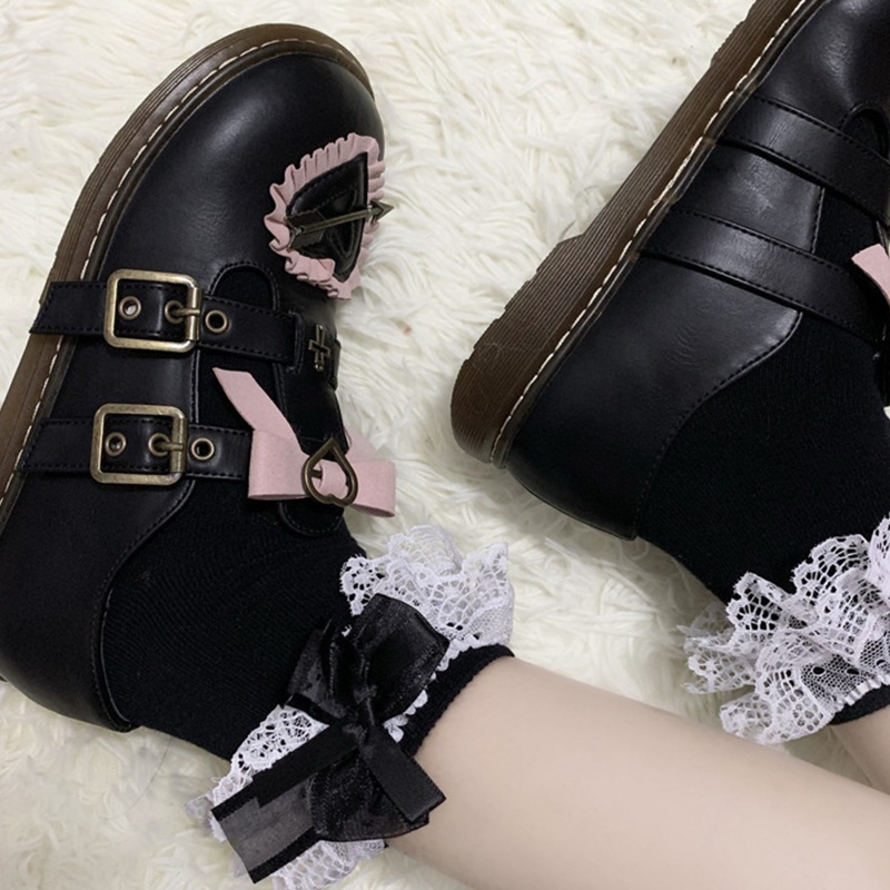 Đôi vớ cổ cao vừa tới mắt cá chân viền ren nhún bèo ấm áp phong cách lolita thời trang thu đông ngọt ngào cho nữ