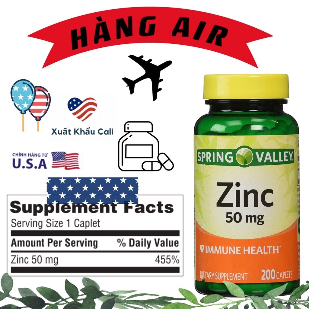 Spring Valley Zinc 50mg, hộp 200 Viên của Mỹ. Viên Bổ Sung Kẽm HSD 06/2023