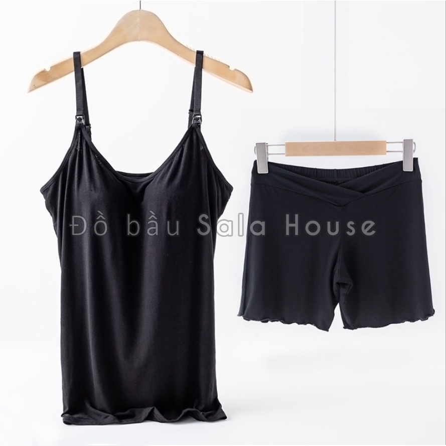 Bộ Đồ Bầu Hai Dây Mặc Ở Nhà Cho Con Bú Có Sẵn Đệm Ngực Liền