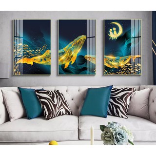 Bộ 3 tranh canvas treo tường cá heo đêm trăng tông màu xanh VIP4116 - 30 x 45 cm x 3 tranh