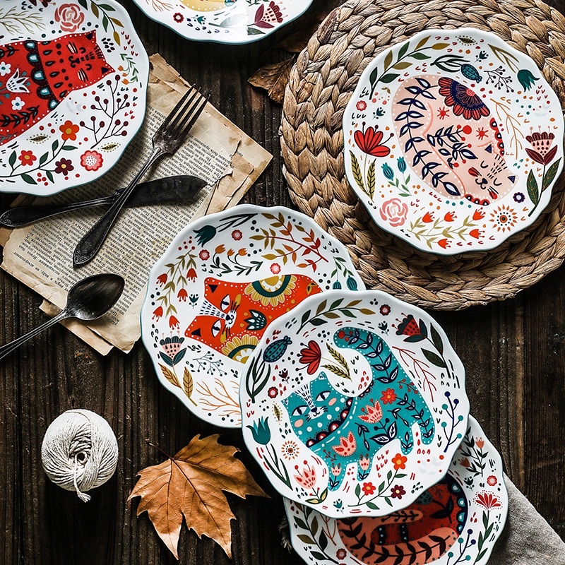 ĐĨa sứ viền hoa họa tiết mèo hoa thổ cẩm sắc màu bắt mắt đĩa ăn salat, đồ âu, đĩa decor trang trí