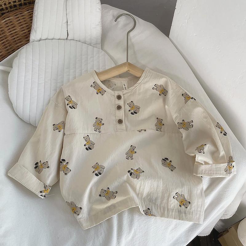 Áo Sơ Mi Cotton Lanh Tay Dài In Họa Tiết Gấu Hoạt Hình Phong Cách Hàn Quốc Cho Bé Trai Và Gái