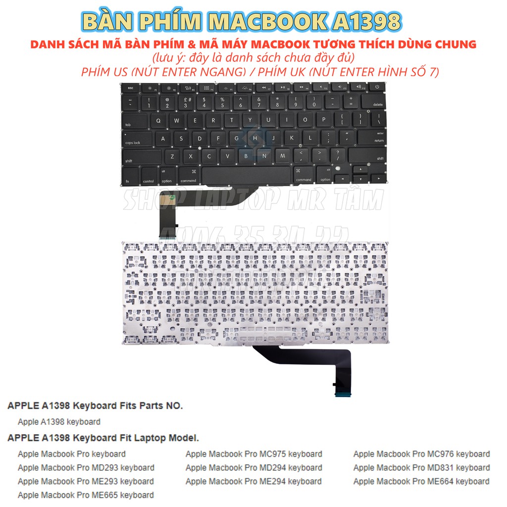 (KEYBOARD) BÀN PHÍM LAPTOP MACBOOK A1398 dùng cho Pro Retina 15&quot; A1398