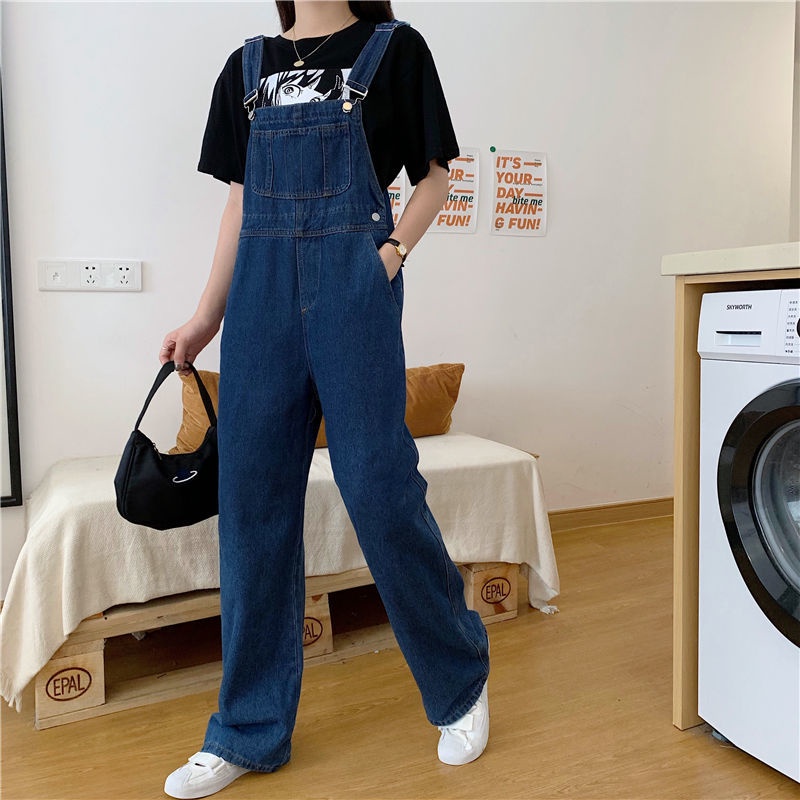 Quần yếm denim ống rộng phong cách Hàn Quốc thời trang cho nữ