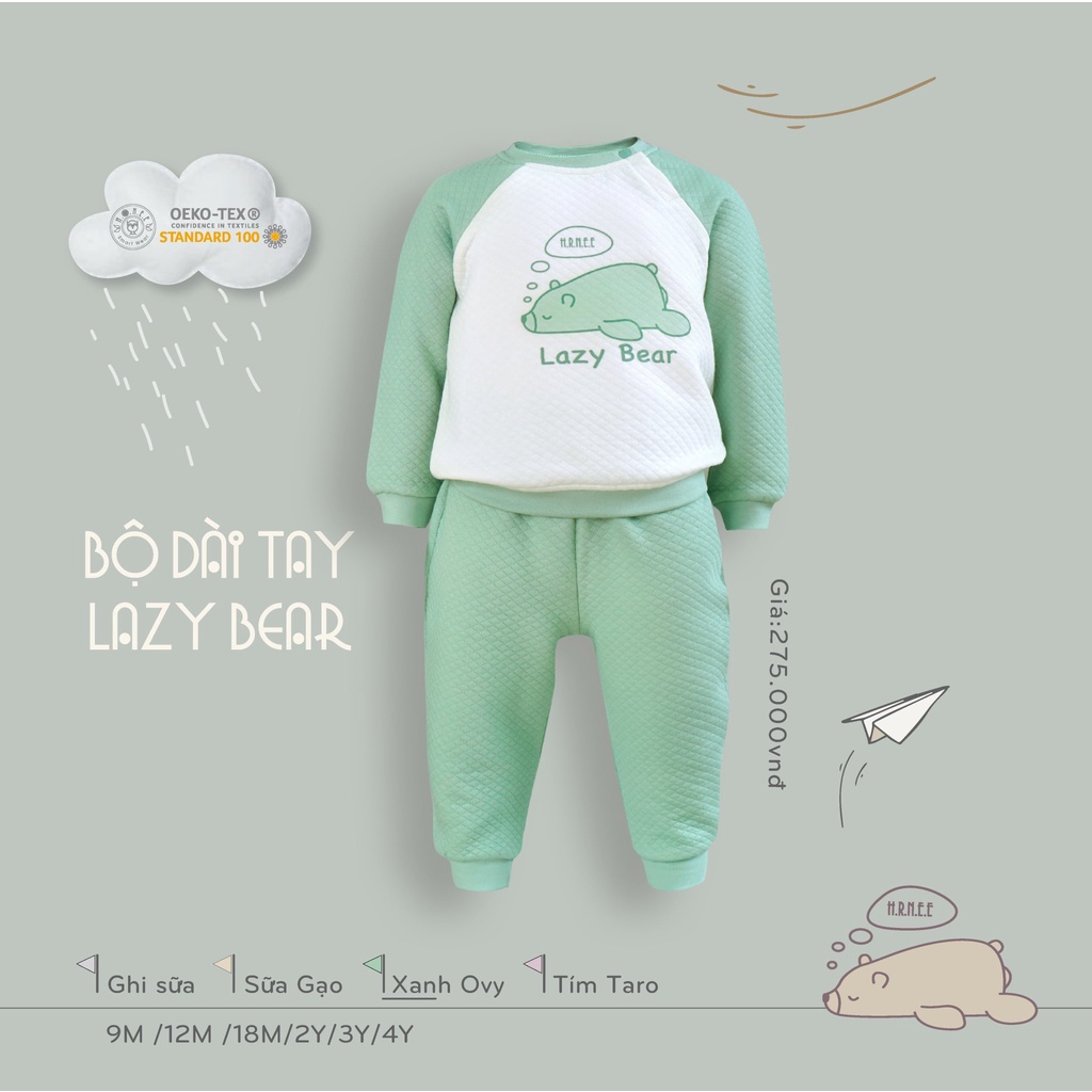 Bộ Thu Đông Lazy Bear Hrnee, Bộ Dài Tay Bé Trai Bé Gái Họa Tiết