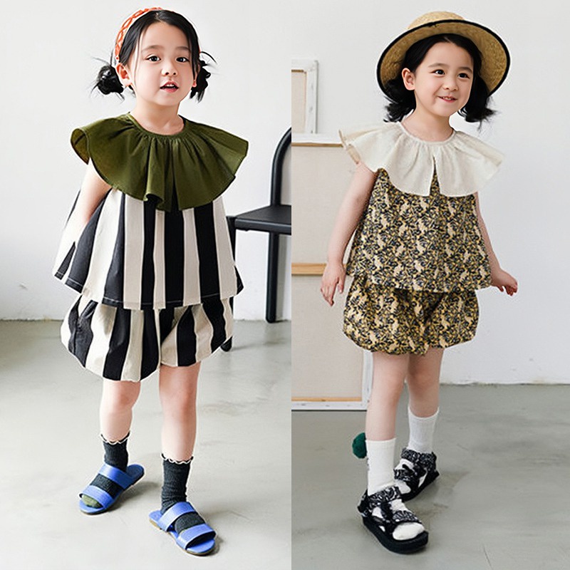 Set Áo Sát Nách Cổ Bèo + Quần Short Phong Cách Hàn Quốc Cho Bé Gái