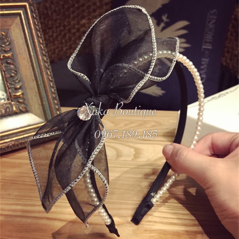 Băng Đô Bờm Cài Tóc Đính Đá Hạt Ngọc Có Nơ Phong Cách Hàn Quốc Phái Nữ