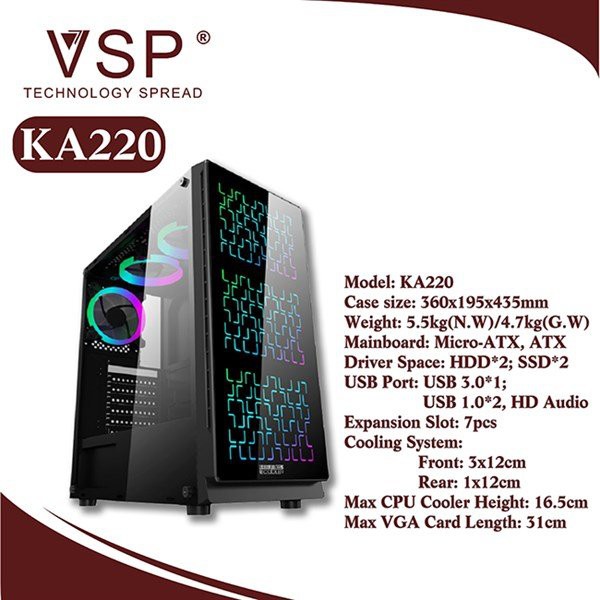 Vỏ case gaming VSP Ka-220 - Hai mặt kính cường lực- Full ATX - Pk Máy tính