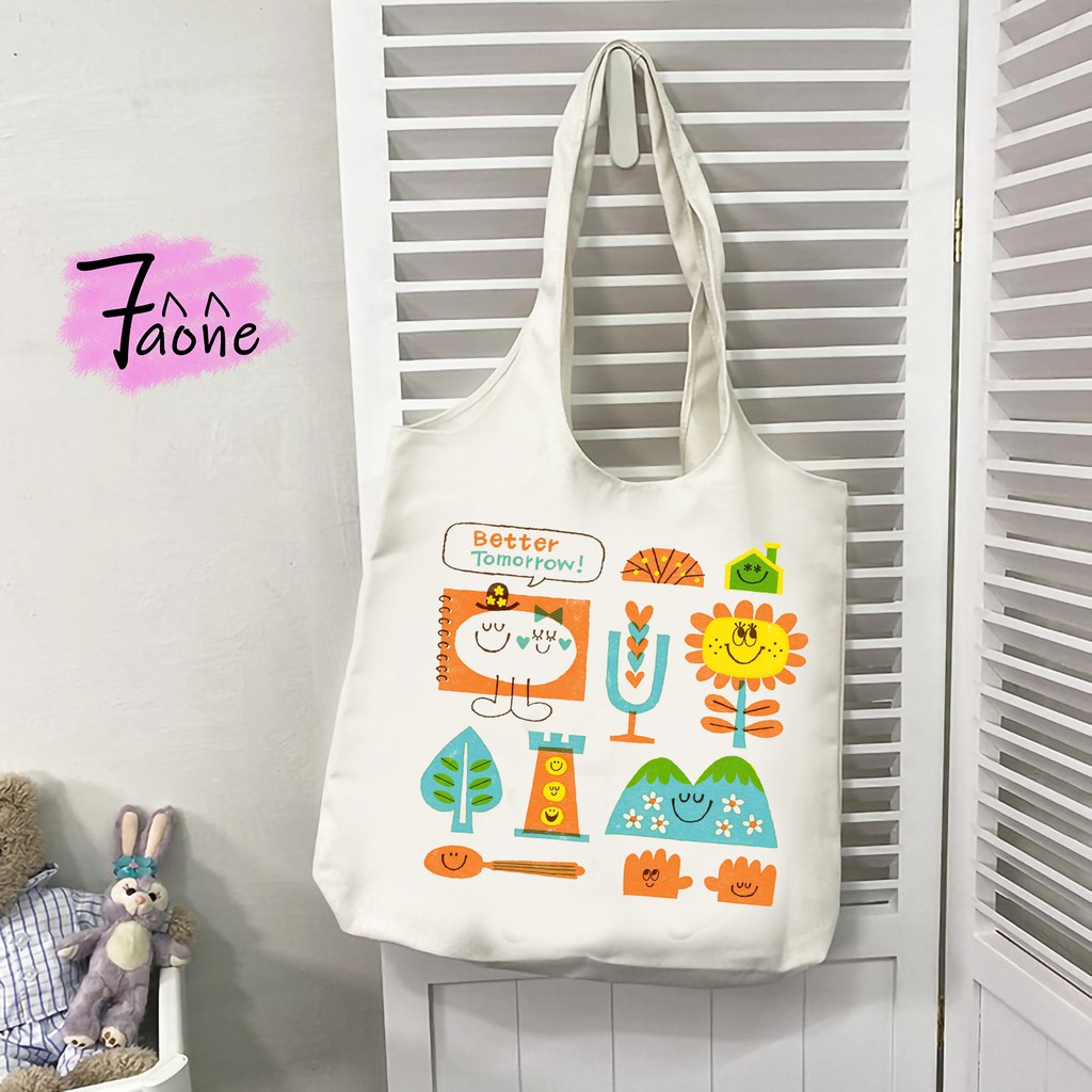 Túi Vải Quai Tròn Sắc Màu Cute Có Túi Con Tote Vải Canvas