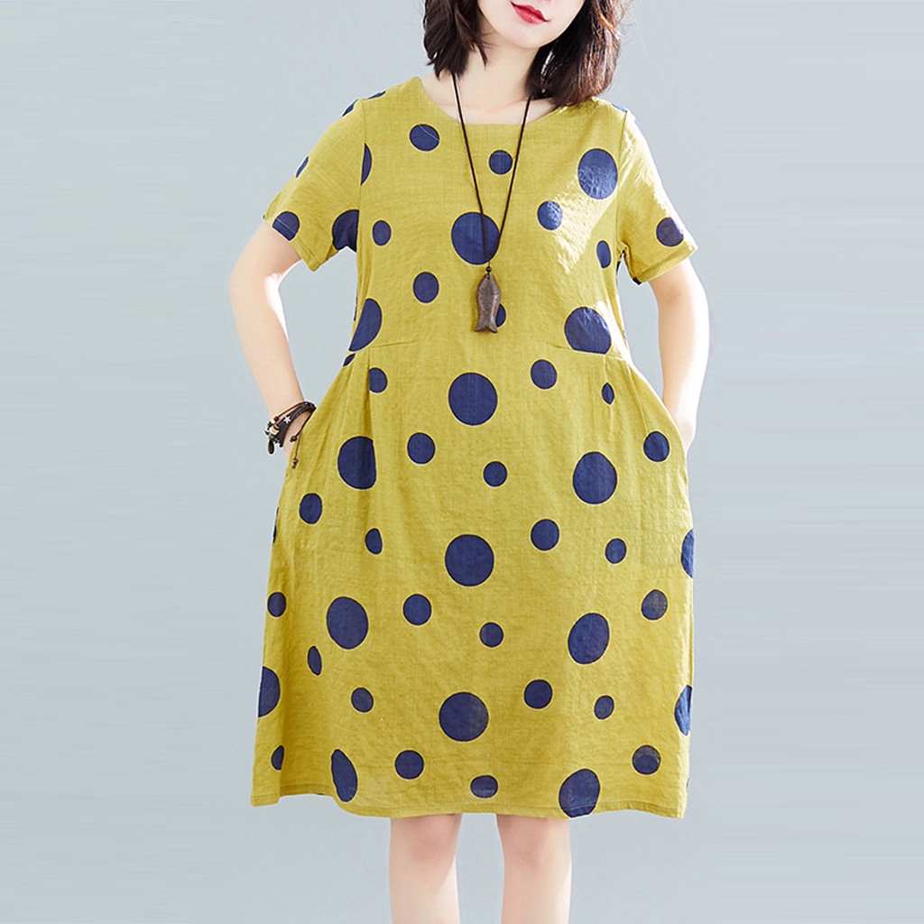 Đầm Tay Ngắn Cổ Tròn Chất Cotton Linen Phong Cách Retro | BigBuy360 - bigbuy360.vn