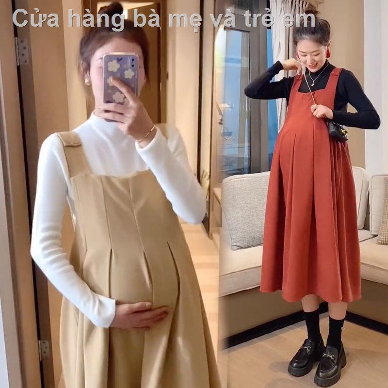 ♤✤❡Mùa thu và mùa đông 2021 bộ đồ bà bầu mới bộ đồ hai mảnh, mặc bộ váy lưới thời trang mùa thu rộng rãi màu đỏ bên ngoà