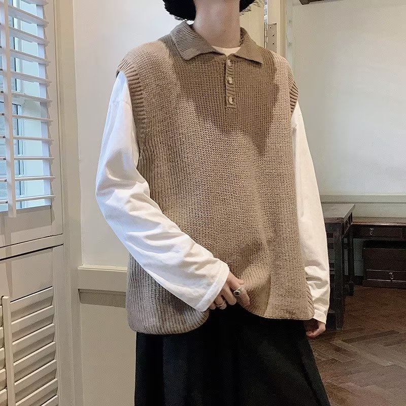 Áo sweater Dệt Kim Không Tay Dáng Rộng Màu Sắc Đơn Giản Cho Nam Giới