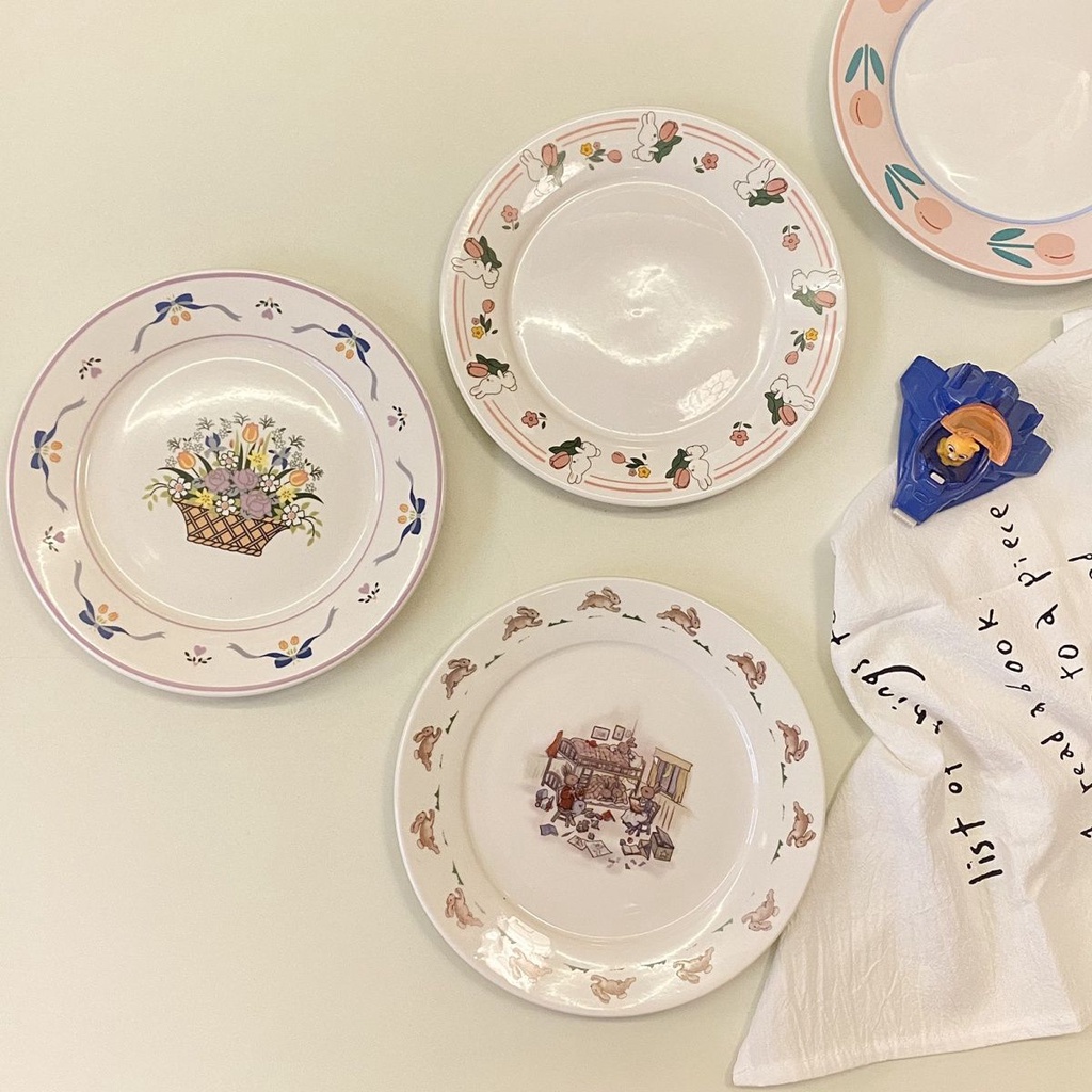 Đĩa Sứ Tròn Họa Tiết Hoa Dễ Thương Phong Cách Hàn Quốc