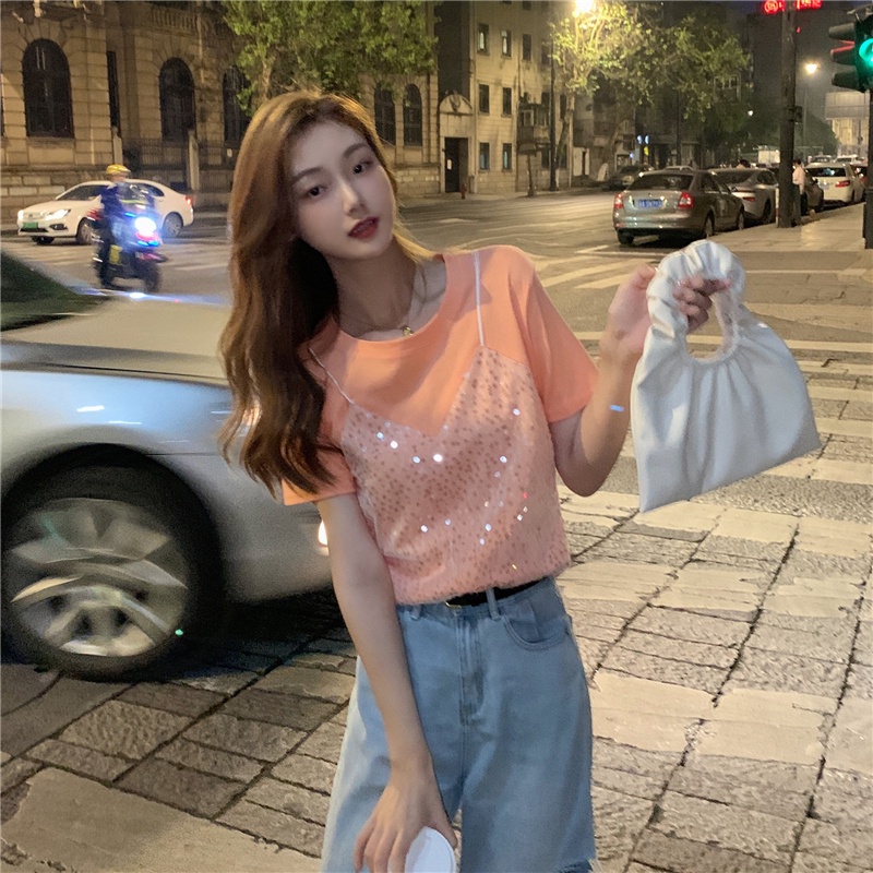 Áo Thun Tay Ngắn Cổ Tròn Đính Kim Sa Lấp Lánh Thời Trang Hàn Quốc Cá Tính