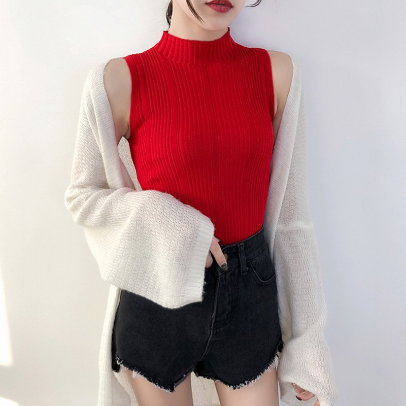 Áo Dệt Kim Sát Nách Cổ Lọ Dáng Ôm Thời Trang Retro Cho Nữ