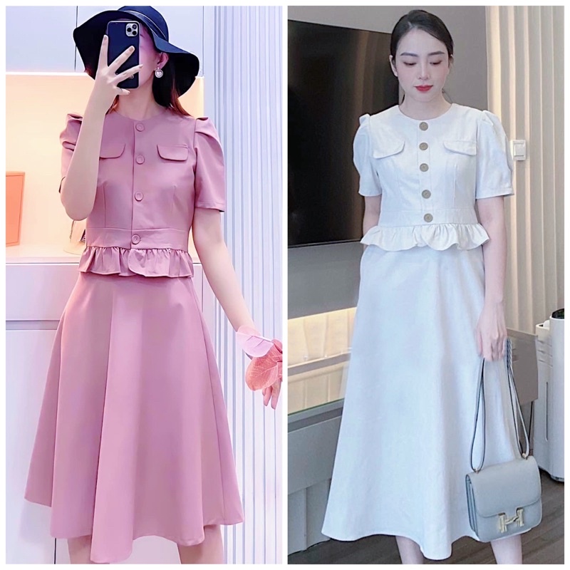 Đầm cổ tròn bèo eo 2 màu