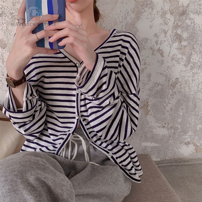 Áo cardigan cổ chữ V dáng rộng họa tiết kẻ sọc phong cách Hàn Quốc thời trang mùa hè cho nữ