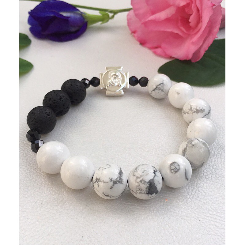 Chuỗi Mân Côi vòng hạt đá đeo tay trắng đen mặt Thánh Giá Chúa S925 stylish Rosary Bracelet