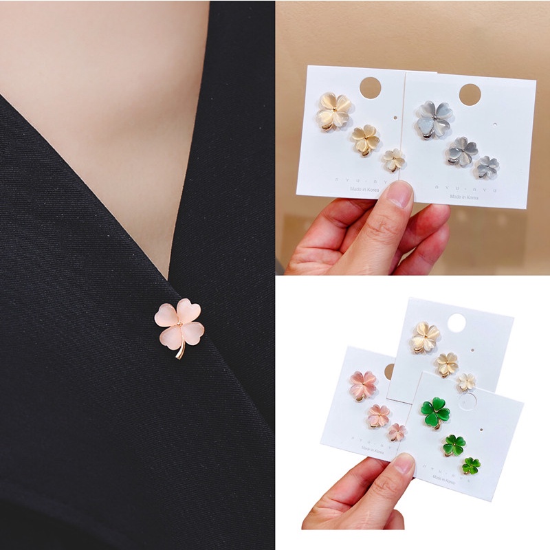Set 3 Ghim Cài Áo Hình Cỏ Bốn Lá Đính Đá opal 4 Màu Tùy Chọn Thời Trang Cao Cấp