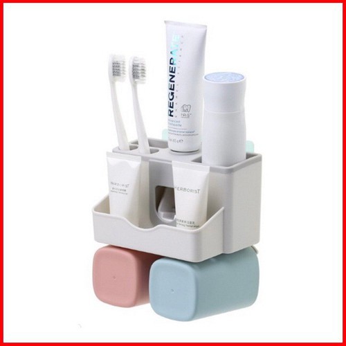 Bộ tự nhả kem đánh răng 2 cốc thông minh, có giá để đồ dùng, dụng cụ rủa mặt, vệ sinh cá nhân, tiện lợi cho nhà tắm