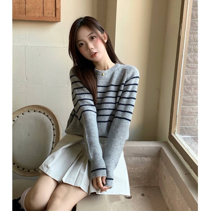 Porozi  Áo Sweater Dệt Kim Tay Dài Cổ Tròn Kẻ Sọc Kiểu Hàn Quốc Xinh Xắn Cho Nữ