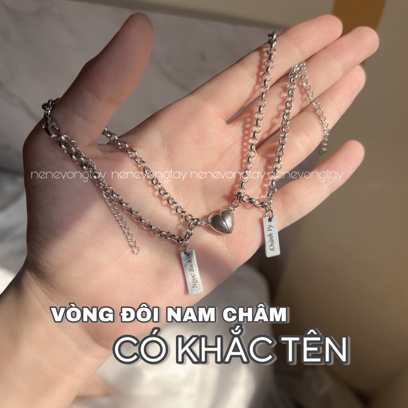 Vòng đôi nam châm trái tim khắc tên không rỉ