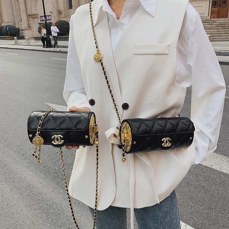 Túi Đeo Chéo Hình Trụ Phối Dây Xích Thời Trang 2023 Cho Nữ