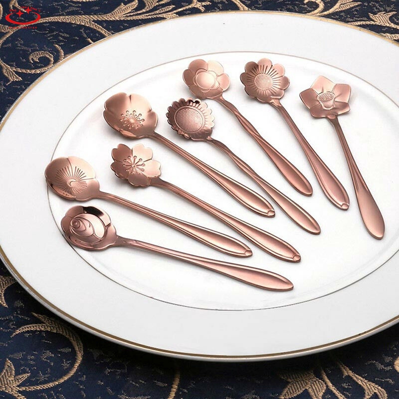 Bộ 8 Muỗng Cà Phê Bằng Thép Không Gỉ Thiết Kế Hình Hoa Anh Đào Sáng Tạo