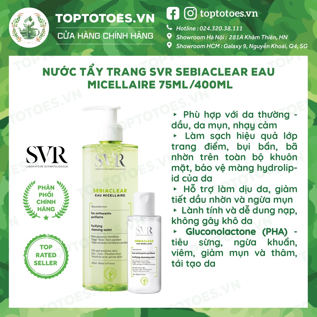 Nước tẩy trang cho da dầu mụn SVR Sebiaclear Eau Micellaire 75ML/ 400ML [NHẬP KHẨU CHÍNH HÃNG 100%]