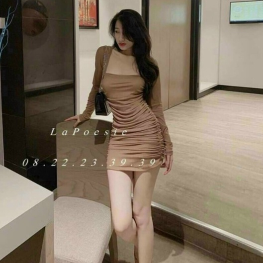 Đầm váy body sang chảnh,đầm dự tiệc tay dài cổ vuông chất liệu thun dẻo tiểu thư dạo phố thời trang XM Minh Phúc