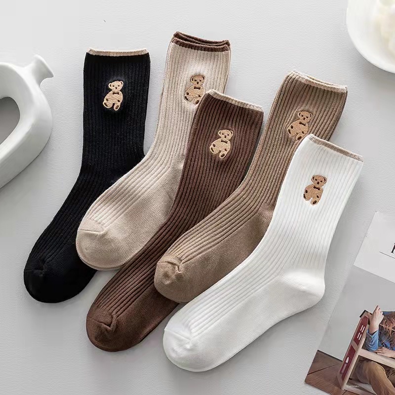Tất cổ cao vớ nữ che khuyết điểm cute thun gân hình gấu phong cách Hàn Quốc vintage set 5 đôi Tom House