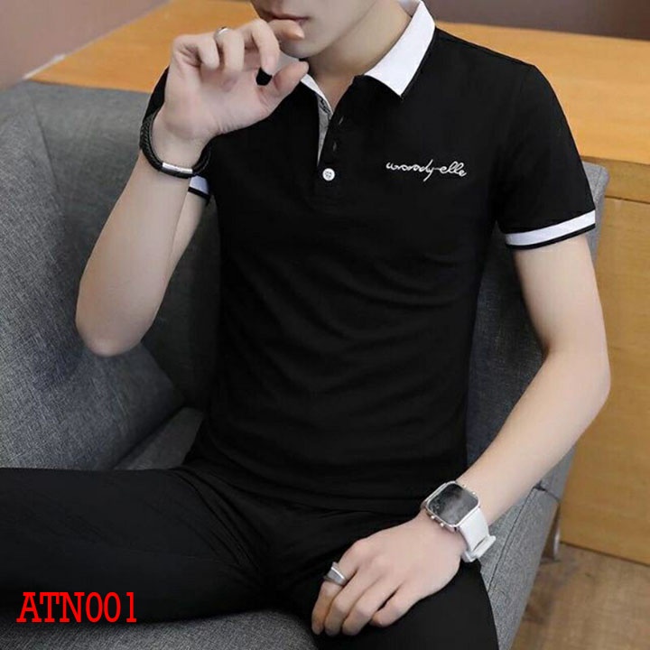 Áo thun nam có cổ bẻ tay ngắn thêu chữ ký nhiều màu vải mềm co giãn tốt -  ATN001