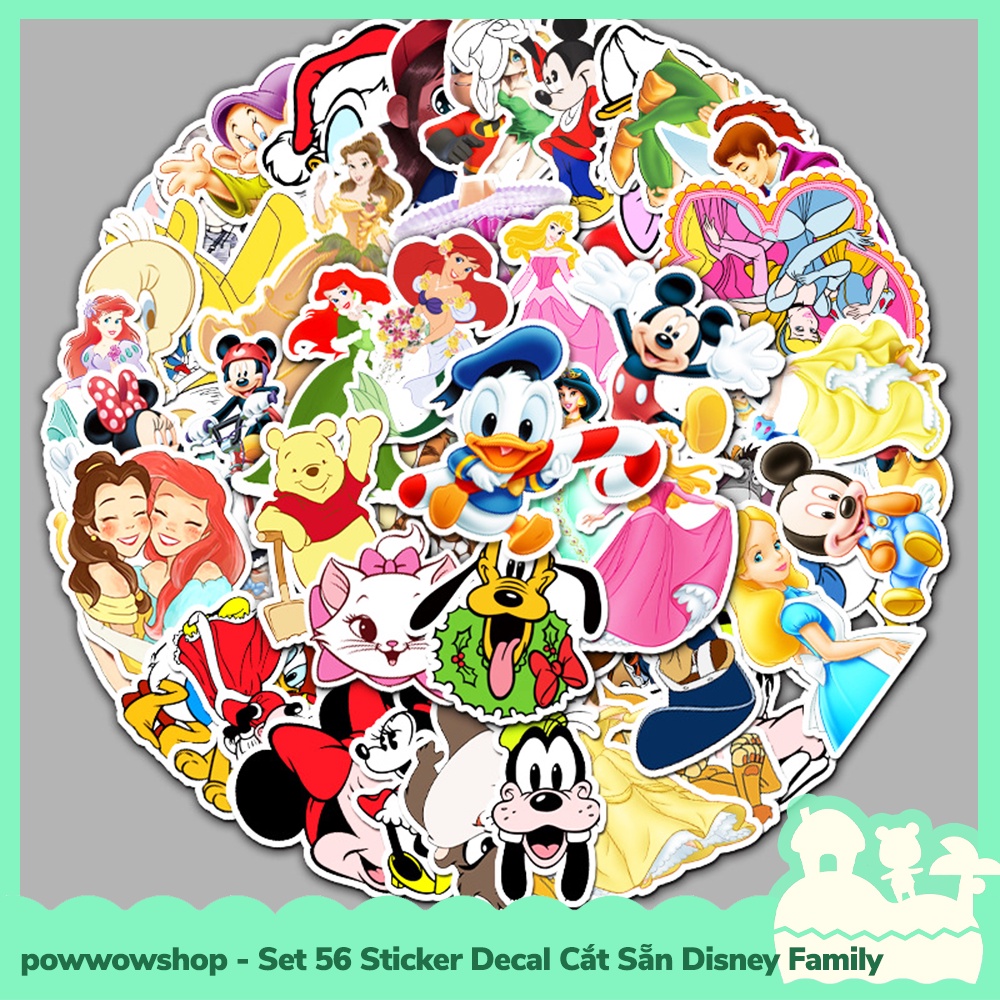 [Sẵn VN - Hỏa Tốc] Set 56 Sticker Mini Decal Dán Trang Trí Vật Dụng Mẫu Nhân Vật Hoạt Hình Disney Characters Family