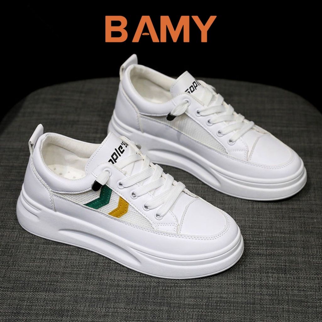 Giày thể thao Sneaker nữ trắng đế bằng phong cách RETRO, Giày nữ BAMY đế bánh mì dáng basic cao 3 phân