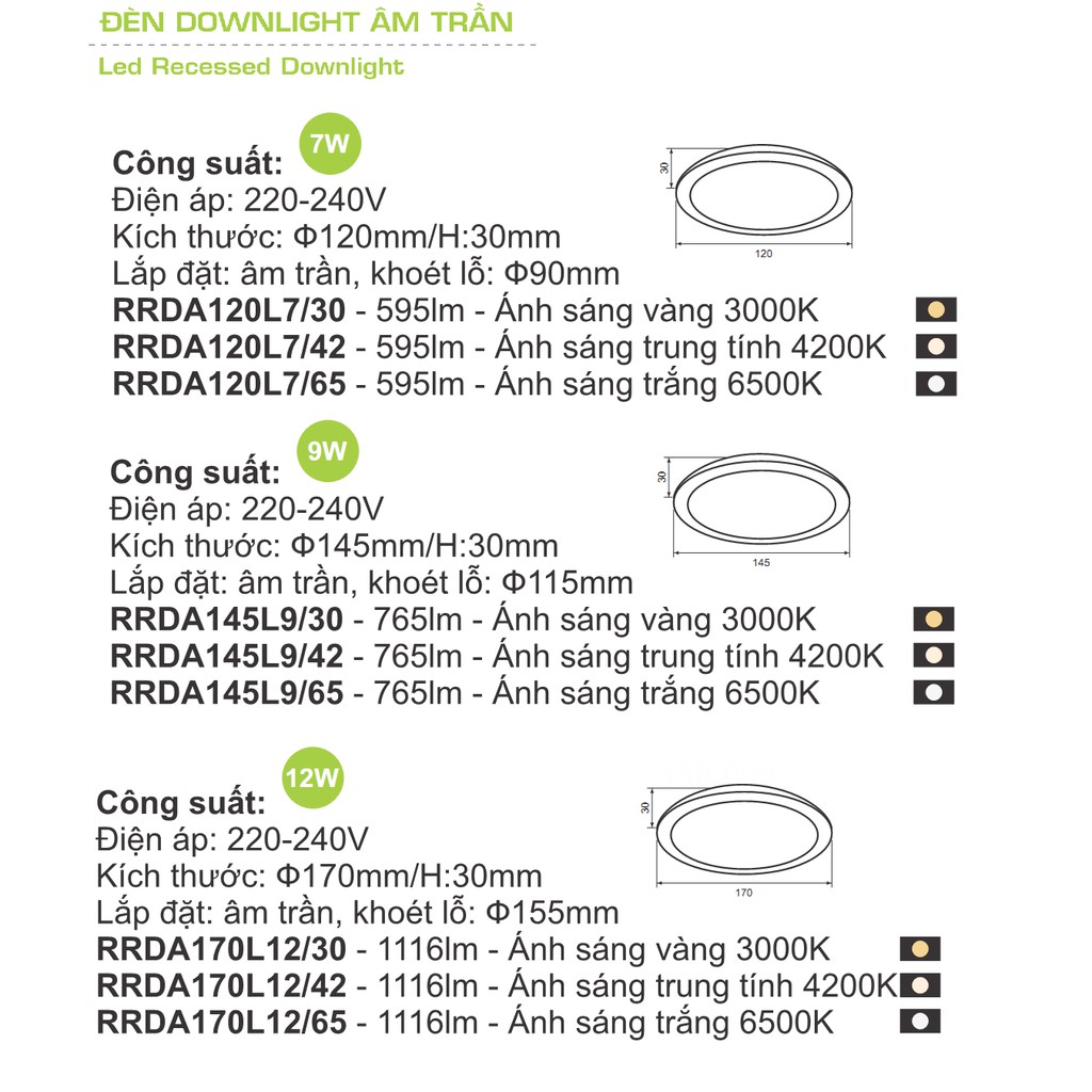 ĐÈN DOWLIGHT PARAGON LED 7W, 9W,12W ( RRDA120L7 ) HÀNG VIỆT NAM CHẤT LƯỢNG CAO- BẢO HÀNH 2 NĂM ĐỔI MỚI