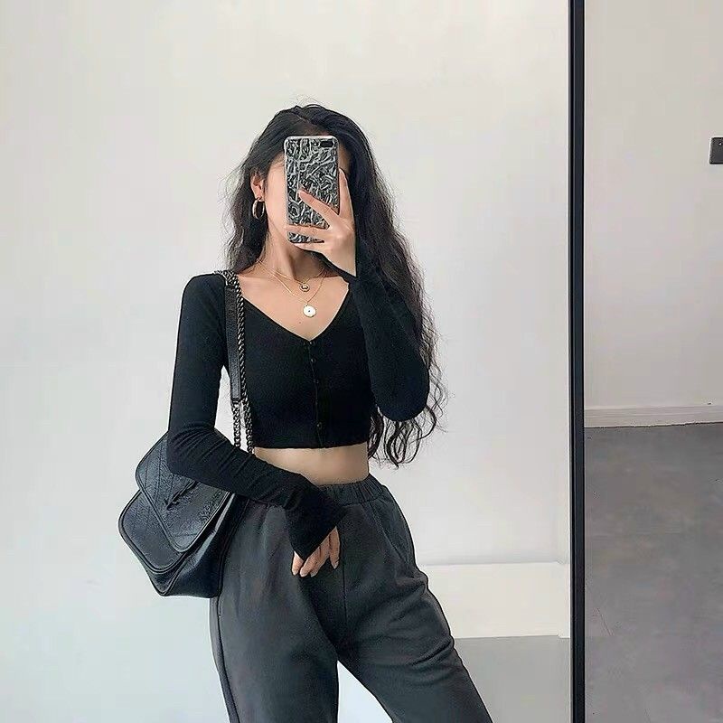 Áo Kiểu Croptop Tay dài BODY Chất Borip Lụa Mịn Mát, Freesize 53kg