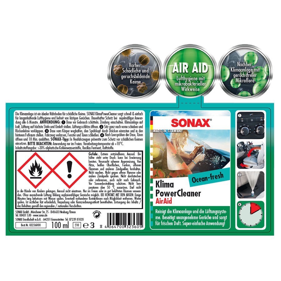 Khử mùi, diệt nấm mốc dàn lạnh ô tô thế hệ mới Sonax a/c cleaner Air Aid 100ml Sonax323100 chamsocxe