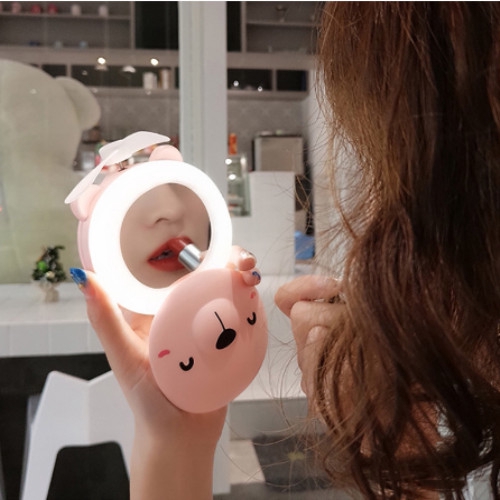 Portable Mirror Mini Fan Bear Cosmetic Makeup LED Light 3 In 1 USB Charging Handheld Beauty Tool