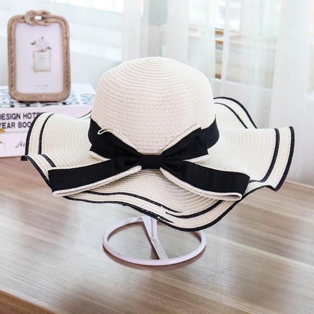 Nón đi biển - mũ cói dây cột nơ có dây viền đen cá tính thời trang nữ