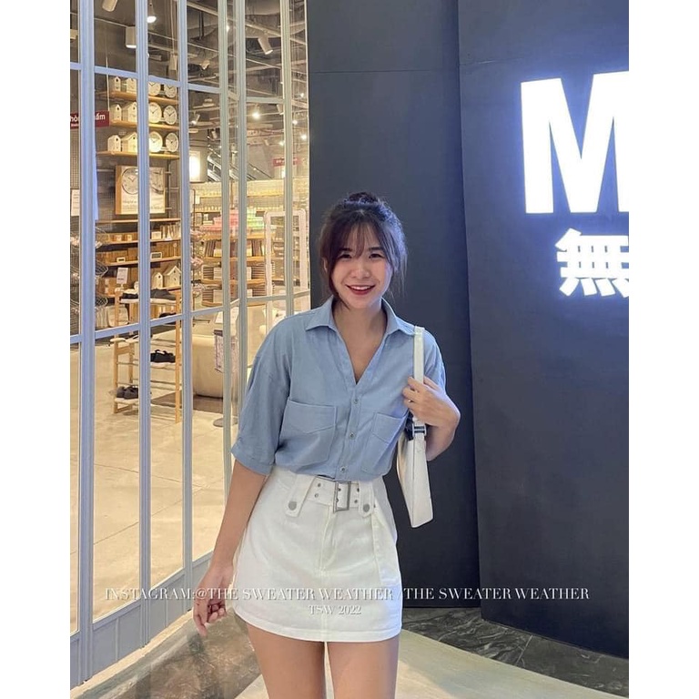 Chân váy jeans thô kaki ngắn kèm đai 757 hàng có sẵn