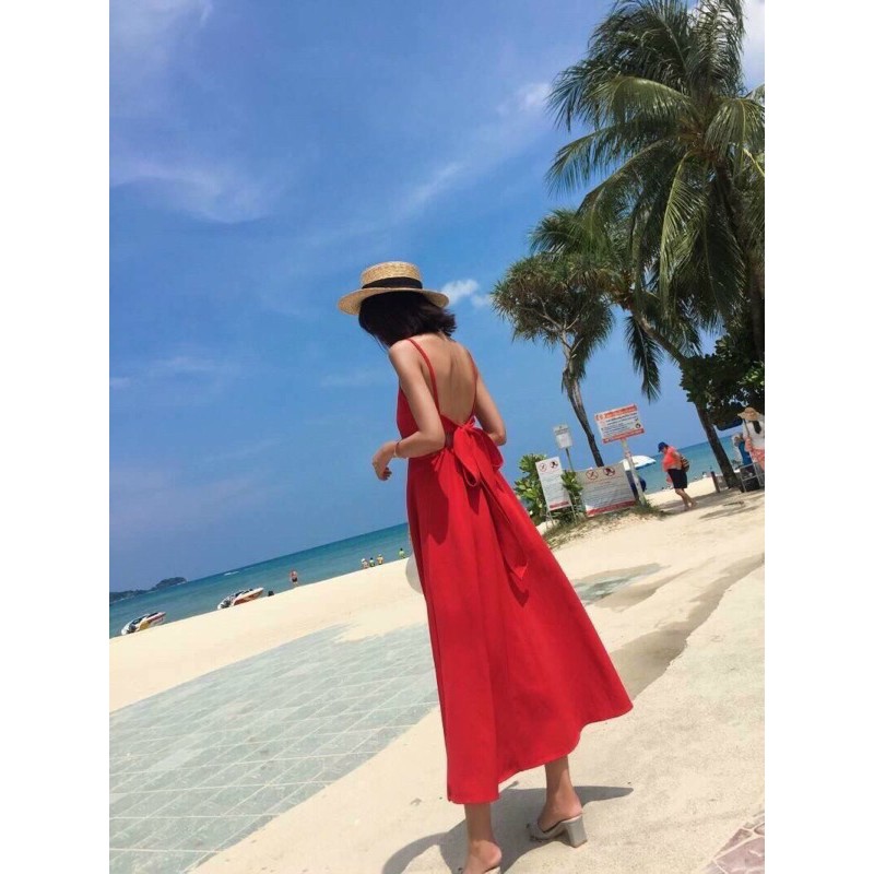 Đầm maxi đi biển nơ lưng có mút chất voan | BigBuy360 - bigbuy360.vn