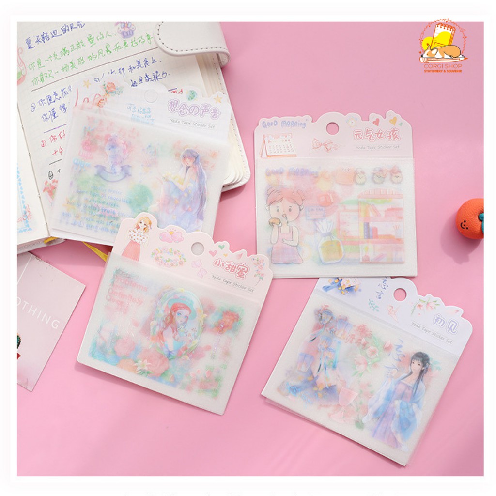 Set 4 tờ sticker dạng washi độc đáo cô gái, công chúa hoạt hình dễ thương - Corgi Shop