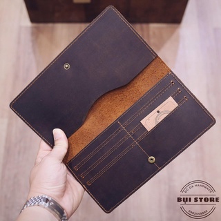 Ví cầm tay nam da bò thật, Ví dài nam da bò sáp ngựa điên Handmade khâu tay thủ công BH 2 năm